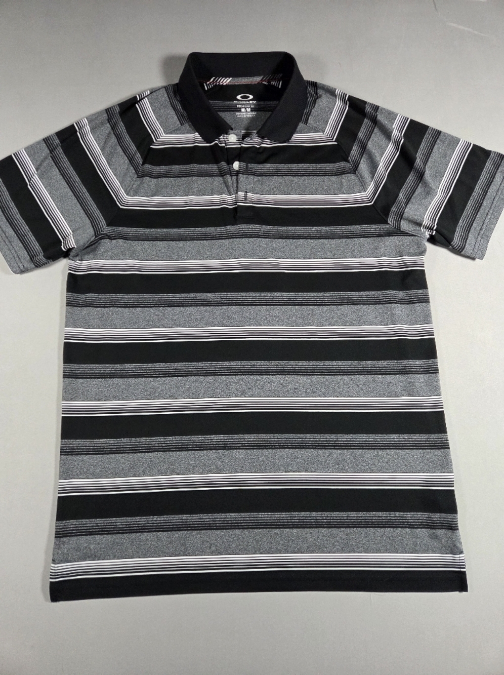 Oakley Mens Hydraulic Black and Gray Striped Polo Size Medium